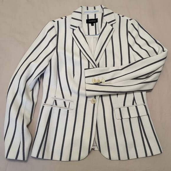 Talbots Summer Navy Gray and Cream Stripe Textured 1 Button Blazer Sz10 - Picture 1 of 6
